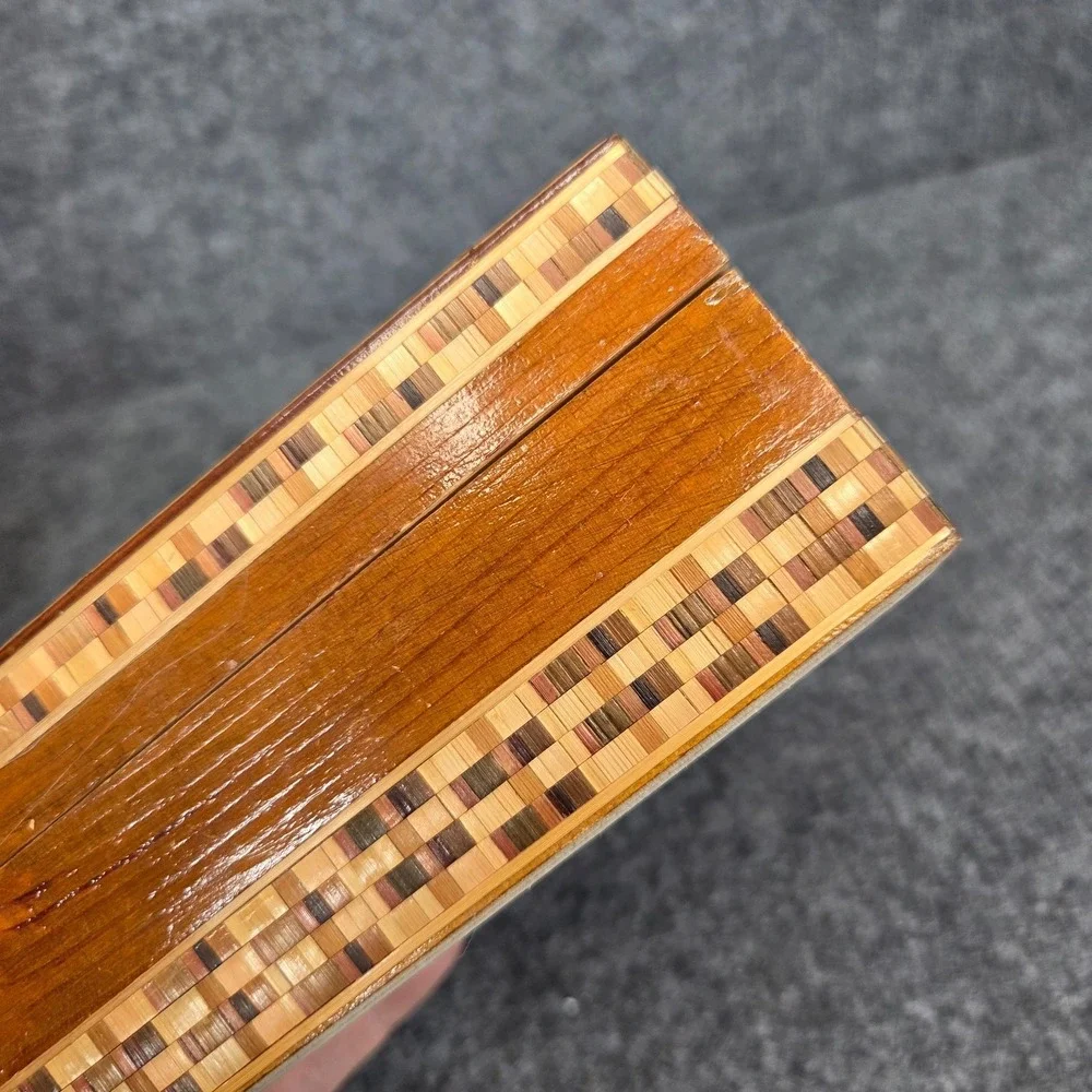 Colorful Straw Mosiac Trinket Box Intricate Folk Art Design Hinged Lid Wood USSR